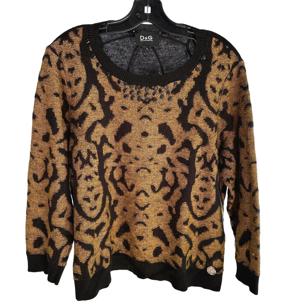 Dolce & Gabbana D&G Women's Sweater Beaded Collar Gold & Black Pattern - L